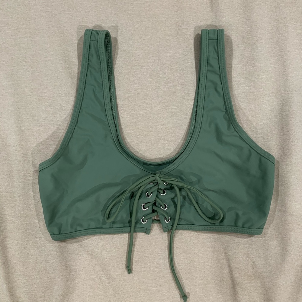 Green Lace Up Front Tie Bikini Top, Large
